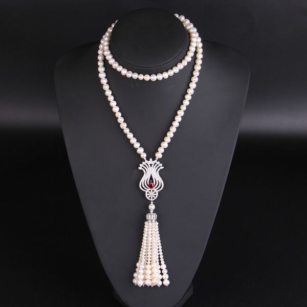 

freshwater pearl zircon pendant sweater chain long necklace, Silver