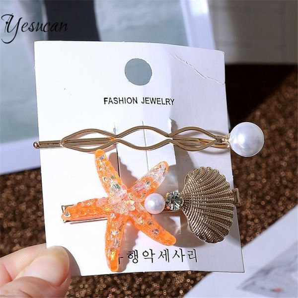 

корейский простой имитация pearl starfish волос клип набор для ювелирных изделий женщин ins акрилового shell золота металл волос 2pc аксессу, Golden;silver