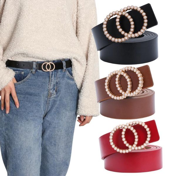 

women fashion pearl decorative leather belt ladies vintage buckle waist belt round buckle waistband for jeans dresses accessorie, Black;brown