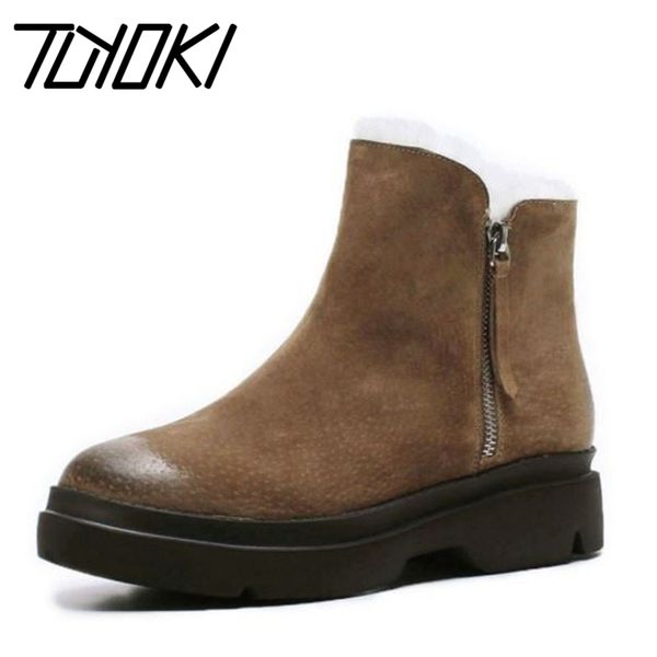 

tuyoki genuine leather women ankle boots winter plush zipper flats shoes keep warm women snow boots size 34-39, Black