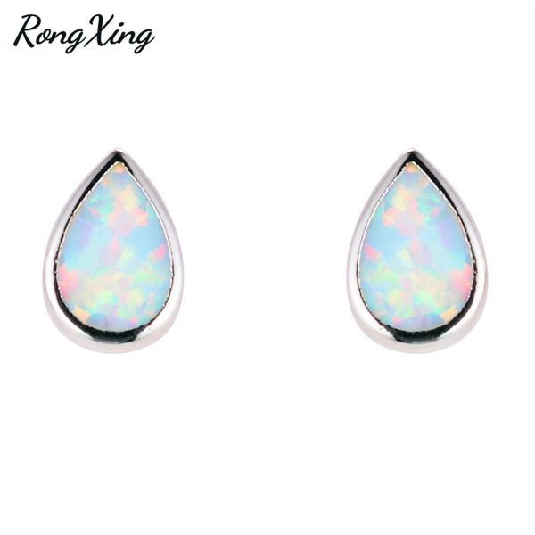 

rongxing white/blue fire opal stud earrings for women silver color wedding jewelry gold filled ear studs earrings ear0591, Golden;silver