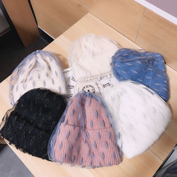 

beanie/skull caps autumn winter knitted mesh beanie hat women all match street elastic fashion girls warm skullies hats 5 colors sweet dot, Blue;gray