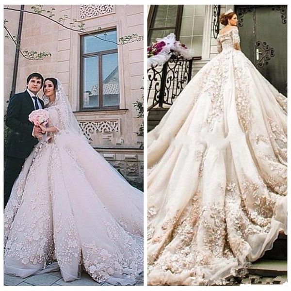 

luxurious lace appliques michael cinco castle church wedding dresses a line 3d floral adorned beaded cathedral train bridal gowns aq133, White