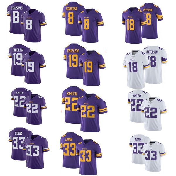 

8 kirk cousins 19 adam thielen minnesota vikings 18 justin jefferson 33 dalvin cook 22 harrison smith 99 hunter football jerseys, Black;red