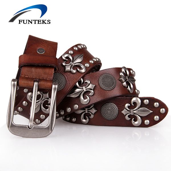 

funteks 2020 genuine leather belts men alloy pin buckle rivets belt women's casual belt for jeans male straps 8 styles, Black;brown