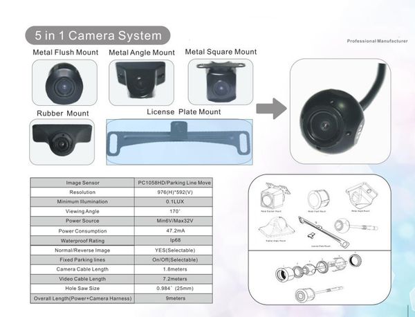 

super 5 in 1 mount square flush metal and plastic angle license plate hd front +rear view backup parking camera wire car
