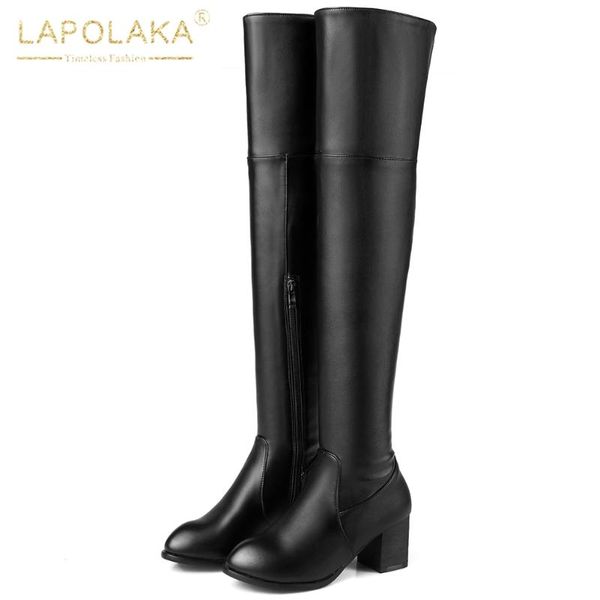 

lapolaka fashion new plus size 48 high heel chunky heels shoes woman boots zipper concise elegant over the knee boots ladies, Black