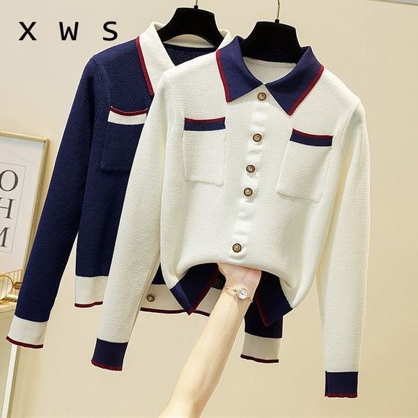 

patchwork cardigan knitted sweater female turn down collar single-breasted simple commuter short sweater women spring autumn, White