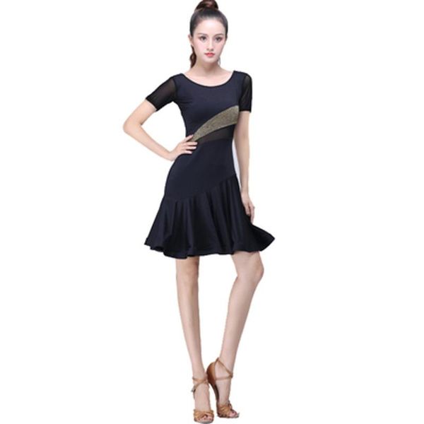 

latin dance practice clothes female professional new dress short-sleeved high-end dance performance costumes, Black;red