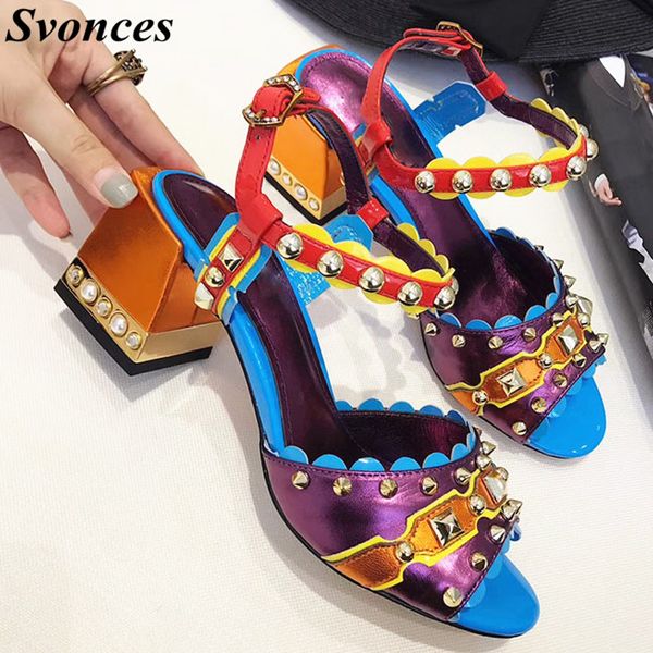

sandales femme 2020 nouveau фиолетовый colorblock женщин сандалии ретро шипованных med квадратный каблук сандалии женские обувь для банкета, Black