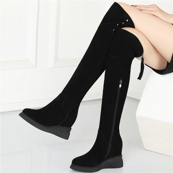 

fashion sneakers women genuine leather over the knee high boots female round toe wedges high heel platform pumps shoes, Black