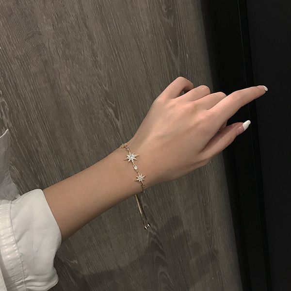 

charm bracelets muhan exquisite eight-pointed star zircon bracelet & bangle for women girls adjustable jewelry female gifts link chain, Golden;silver