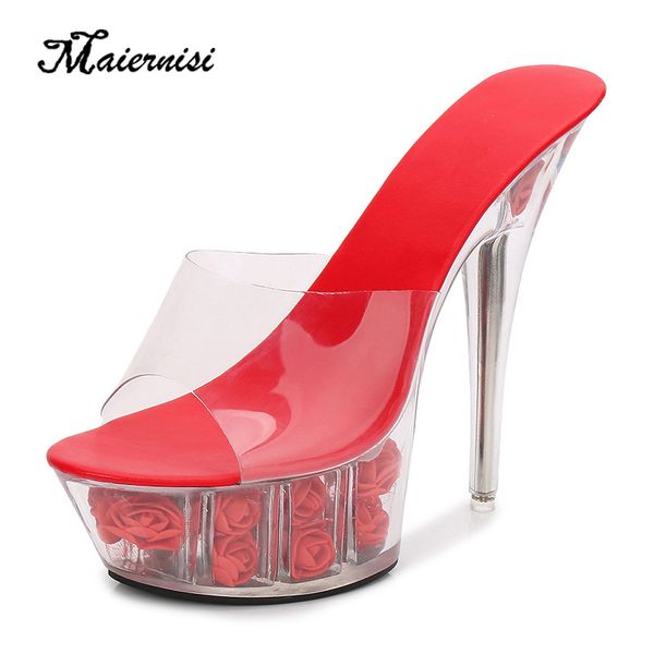 

maiernisi women shoes slippers summer high heel shoes 14.5cm waterproof table slippers crystal t-show stilettos, Black