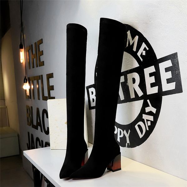 

boots 2021 women fashion .5cm high heels over the knee nightclub block low long thigh winter suede sock shoes, Black