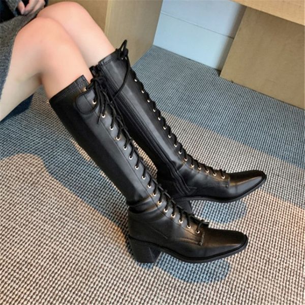 

boots pxelena classic 2021 autumn winter shoes women genuine leather riding knight knee high heels motorcycle 40, Black