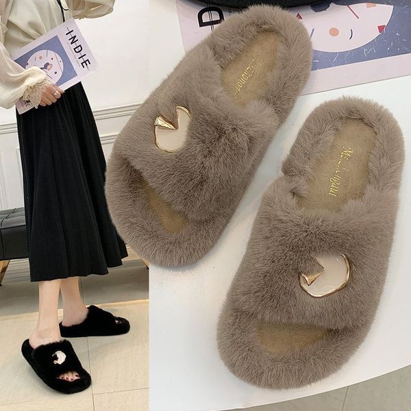 

flat flat with casual fluffy fur slippers women open toe outside shallow ladies slides mature concise solid winter shoes, Black