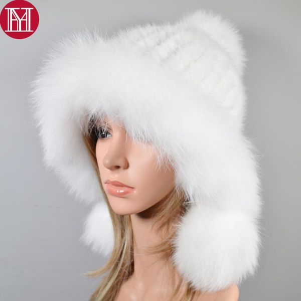 

lady winter outdoor knit real genuine fur balls hats women windproof real caps beanies hat skullies, Blue;gray