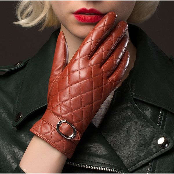 

women genuine leather gloves fashion plaid real sheepskin glove winter thicken warm driving gloves nw701-5, Blue;gray