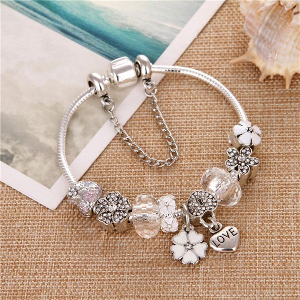 

changbizi flower love pendant white crystal zircon charms diy fashion cute elegant pand bracelets & bangles for women gift, Golden;silver