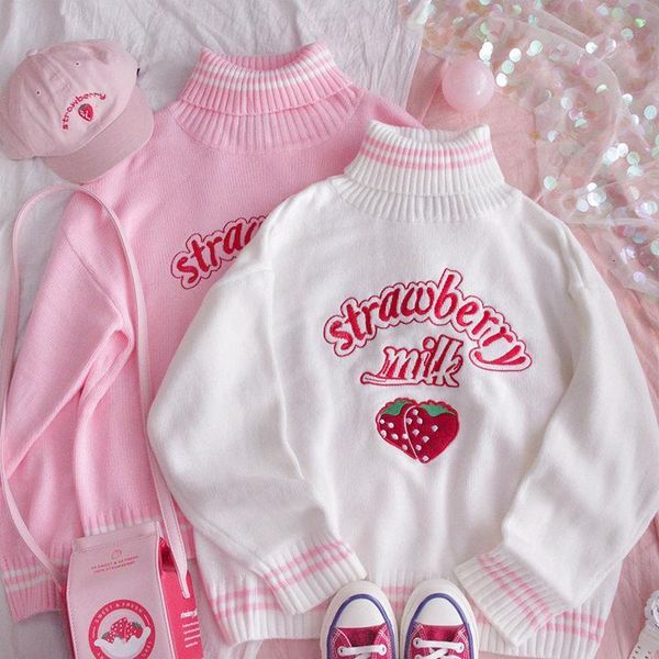 

korean kawaii strawberry milk embroidered sweater schoolgirl winter preppy style pink white loose turtleneck women top, White;black