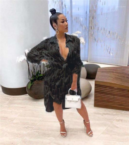 

ladies lapel neck dress fashion designer female loose solid color clothing 2020 spring women tassel dress sexy, Black;gray