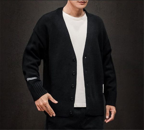 

men knitted rib stitch sweaters autumn winter v neck sweater with buttons hommes solid color loose sweaters, White;black