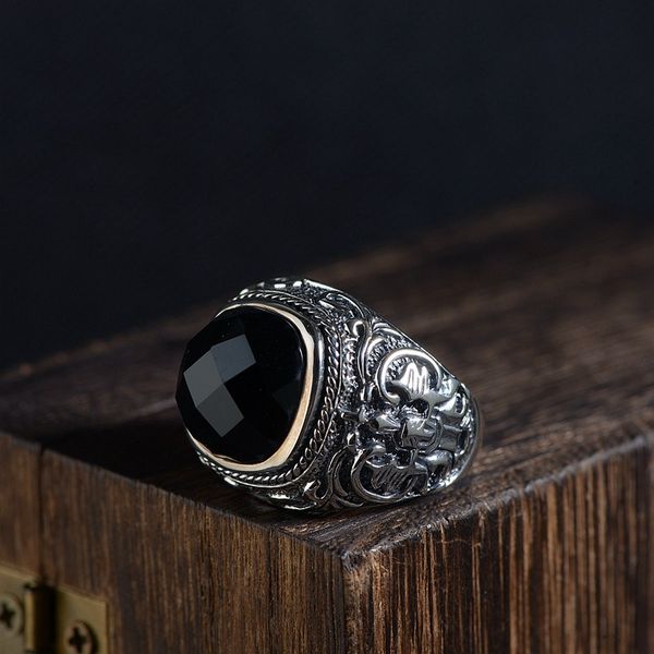 

fnj 925 silver black agate stone ring new fashion s925 sterling thai silver rings for men jewelry usa size 8-12, Golden;silver
