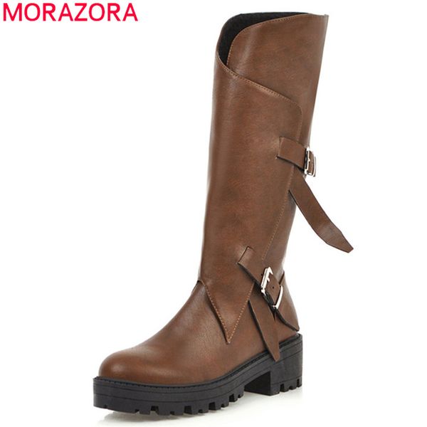 

morazora 2020 new fashion knee high boots women buckle zip square heel autumn winter boots round toe fashion casual shoes woman, Black