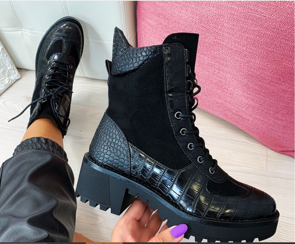 

new winter women boots square heel snakeskin boots genuine leather lace up ankle boots plus size 35-43 botas mujer 200924, Black