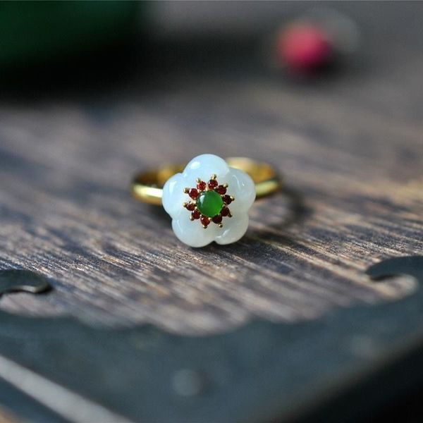 

925 silver inlaid natural n white jade flower ring chinese style court minority design charm women's brand jewelry, Golden;silver