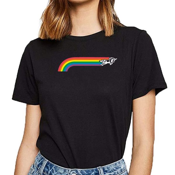 

t shirt women jumping unicorn rainbow stripe design black cotton female tshirt