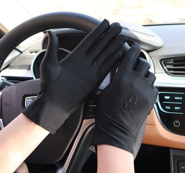 

five fingers gloves super-elastic full finger driving sunscreen slip-resistant cycling fashion women embroidery etiquette e17, Blue;gray