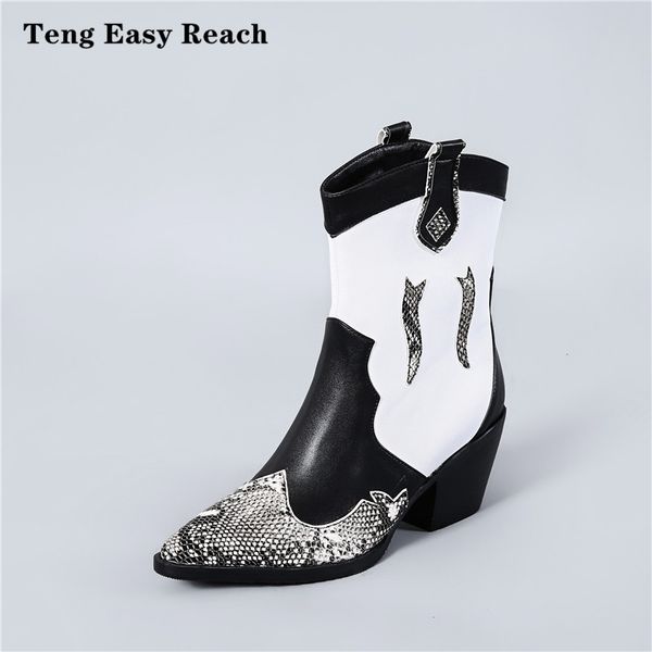 

черный белый кожа pu cowboy ботильоны женщины клин высокой пятки пинетки snake print western пастушка ботинок 2021 женский, Black