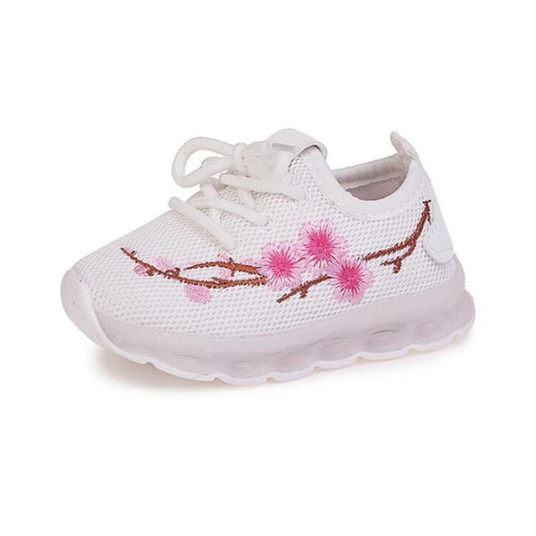 

new 2020 kids sneakers led girls floral shoes with led lights baby girls embroidery sport shoes glowing kids casual white, Black