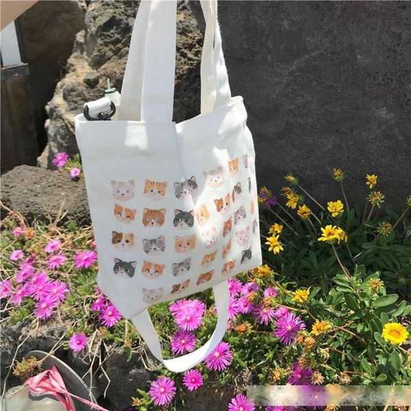 

ins portable cartoon canvas shopping bags girls cute cat single-shoulder bags casual reusable handbag backpack 3styles