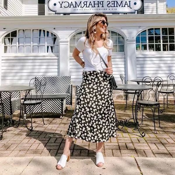 

skirts floral print women midi 2021 summer fashion ladies high waist boho skirt female bohemian girls chic jupe, Black