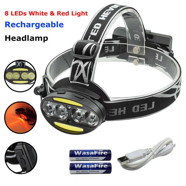 

ultra bright 8 leds head lamp usb rechargeable 7 modes headlight t6+cob headlamp white red light torch for running