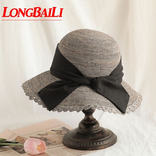 

summer foldable raffia straw bucket hats for women wide brim bow sun beach hats swds050, Blue;gray