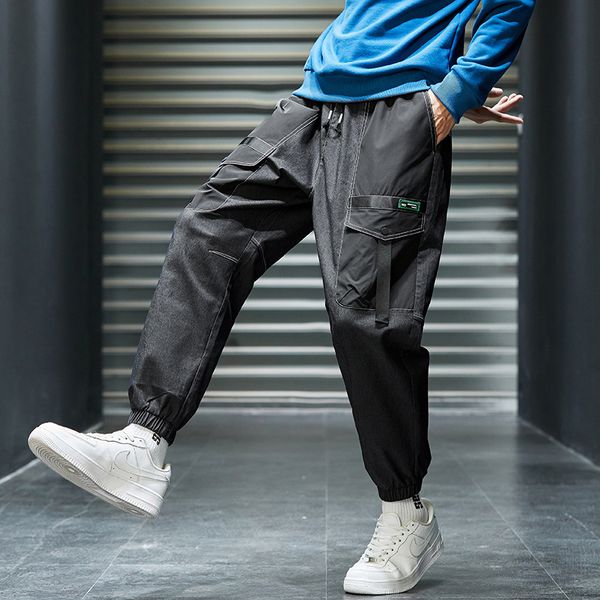 

men casual autumn winter loose sweatpants solid color elastic waist male pants plus size m-4xl sports running loose cargo pants, Black