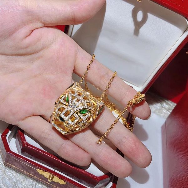 

fashion leopard panther hollow design charm necklace pseudo gold green eyes micro cubic zirconia stones long chain women men, Silver