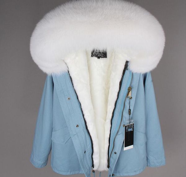 

female snow parkas white fox fur trim hoody mukla furs brand rabbit fur lining blue mini parka for women ykk zipper, Black