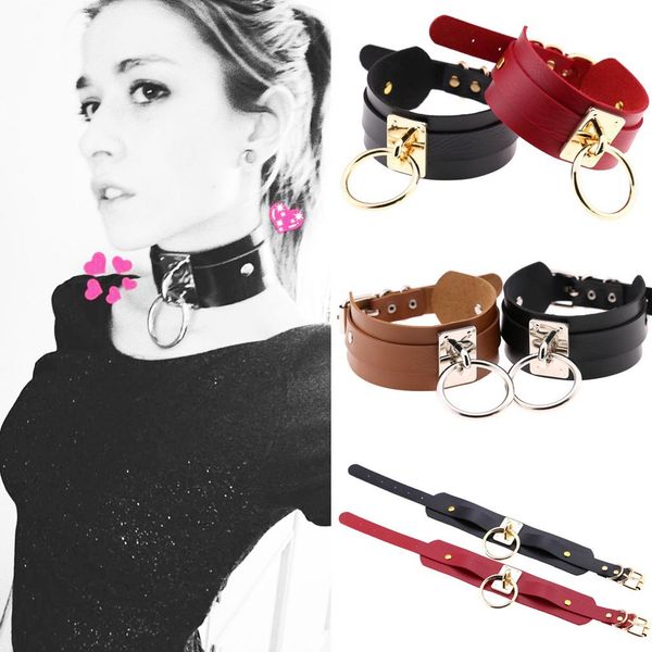 

готика ювелирных изделий двойного слой кожа pu choker ожерелье для женщин silver o-ring punk rock регулируемого черного воротник choker косп, Golden;silver