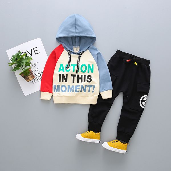 

autumn kids boys clothes set toddler children hooded letter long sleeve pants color matchingsports tracksuit kit outfit, White