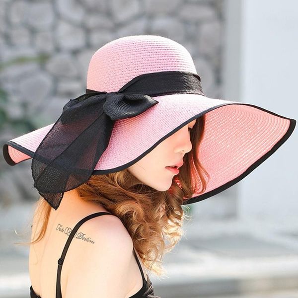 

wide brim hats cap female summer seaside big hat sunscreen outdoors straw handmade fresh korean dome foldable bow-knot casual girls pink, Blue;gray