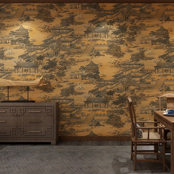 

chinese classical qingming riverside wallpaper chinese wind wallpaper study teahouse pvc waterproof printing w83