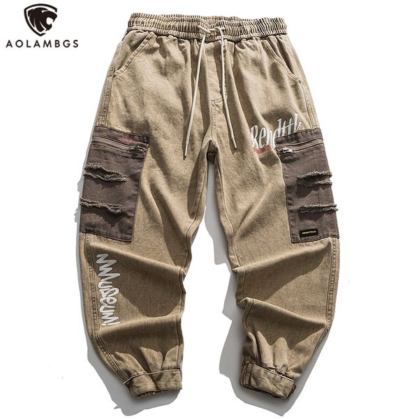 

aolamegs jeans men destroyed ripped zipper pockets tactical cargo pants cotton cozy japanese retro patchwork fashion streetwear, Blue