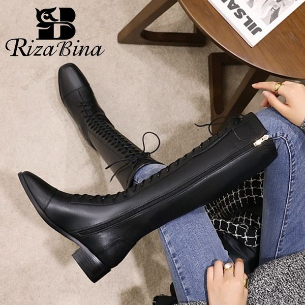 

rizabina plus size 34-48 women knee boots cross strap warm fur winter shoes woman fashion zipper long boot office lady footwear, Black