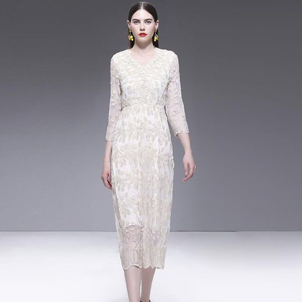 

casual dresses runway flower gold embroidery lace dress women party night water solude sleeve long beige vestidos de verano robe longue, Black;gray