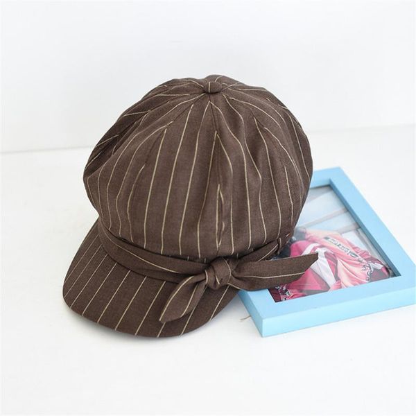 

ladies womens girls cotton baker boy peaked cap newsboy hat striped bow-knot fashion autumn winter women hat casual outwear, Blue;gray