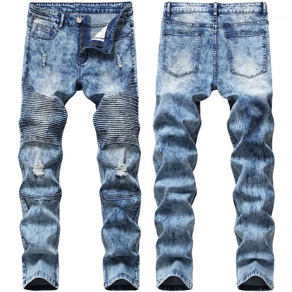 

mens jeans slim holey mens jeans distressed ripped biker denim for men fashion designer hip hop, Blue